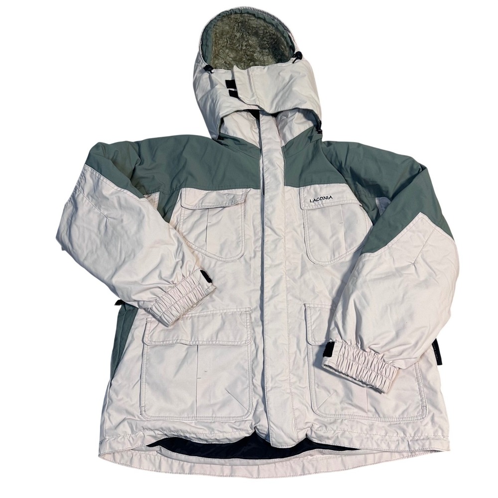 Laconia Swiss Quality Winter Parka Jacket Cream Sage Green Faux Fur Hood L